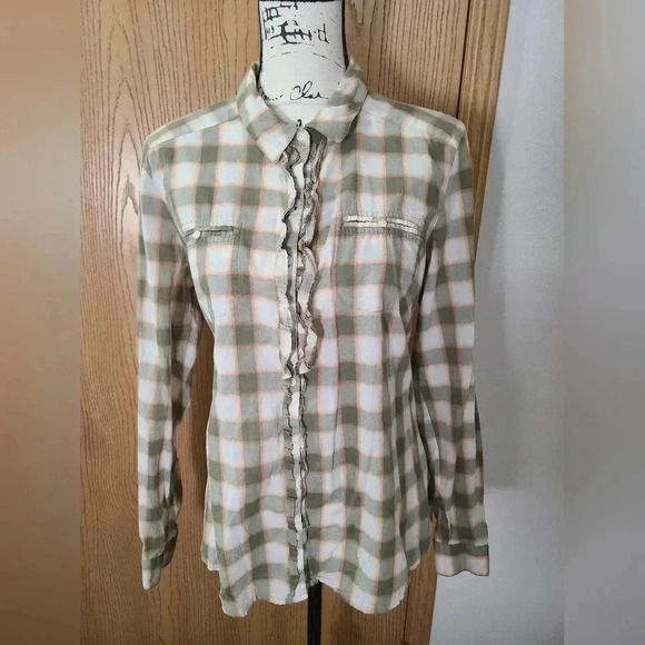 Eddie Bauer plaid button up shirt ruffle placket pocket - Picture 1 of 2